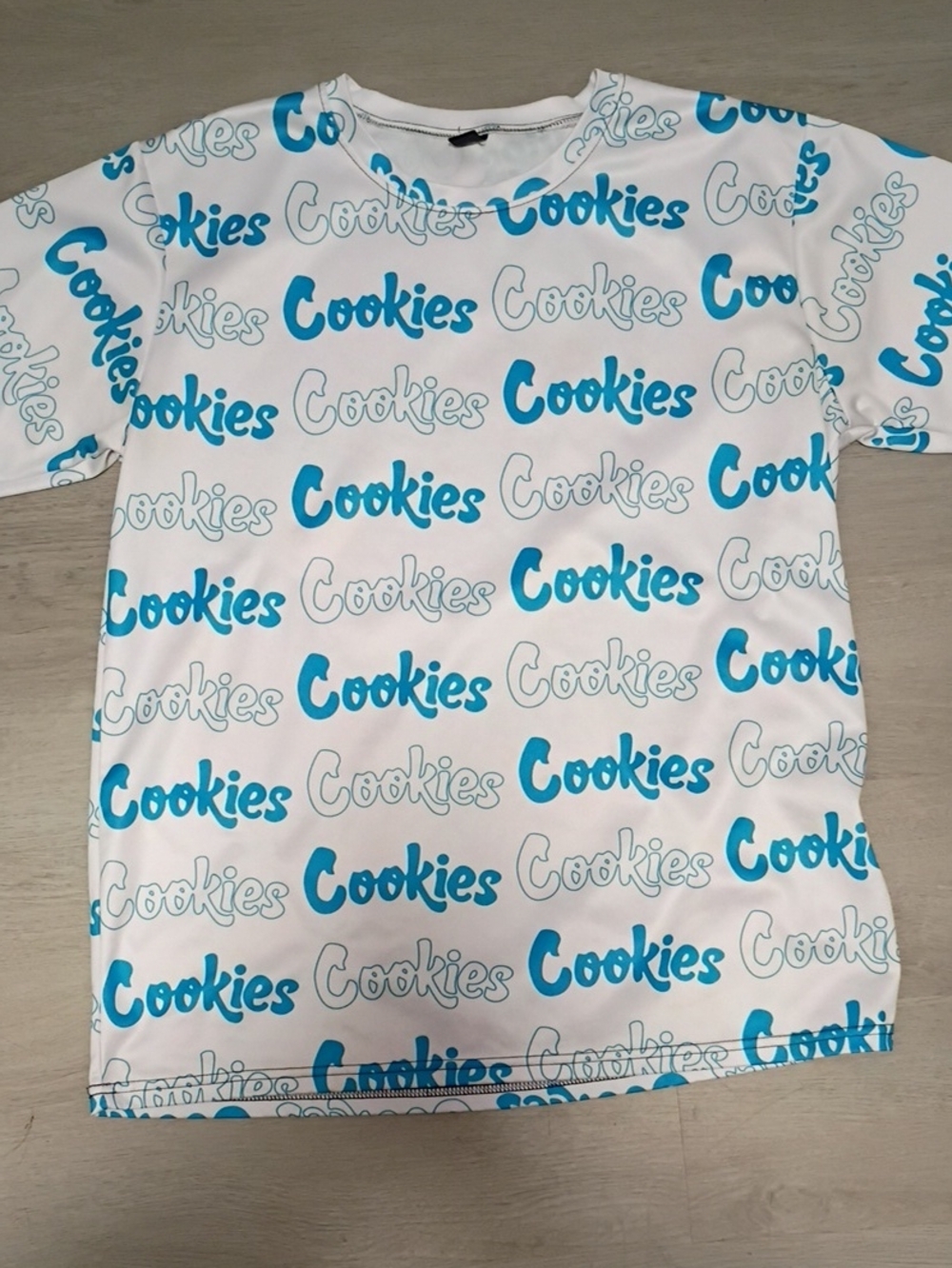 White Tee with Blue "Cookies" Logo - Casual Graphic Top